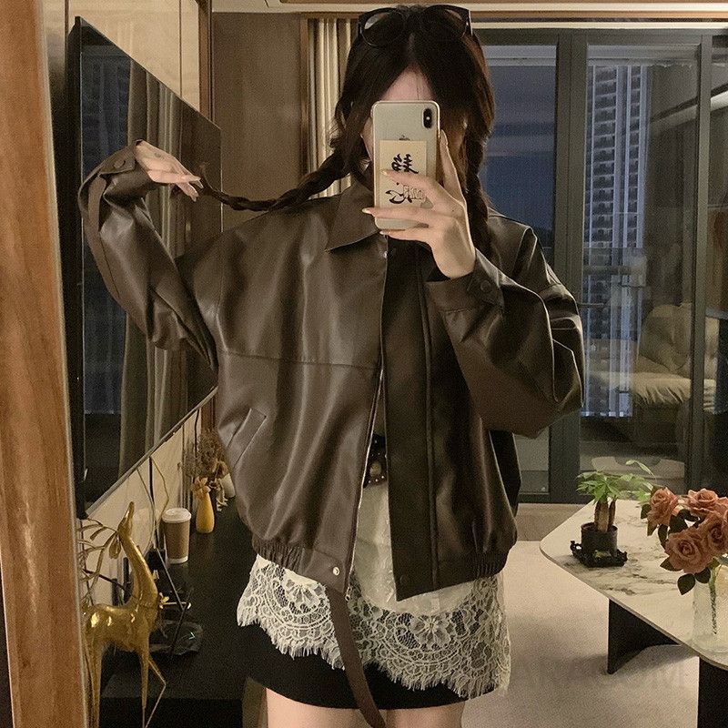 여성 빅사이즈 오버핏 카라 레더 크롭 자켓 점퍼 캐주얼 아우터 간절기 데이트룩 캠퍼스룩 봄 가을 - 상세 이미지 4