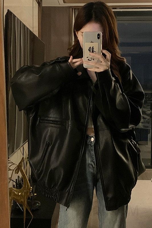 여성 빅사이즈 오버핏 루즈핏 카라 시크 코팅 레더 가죽 점퍼 항공 자켓 재킷 아우터 봄 가을 - 상세 이미지 5