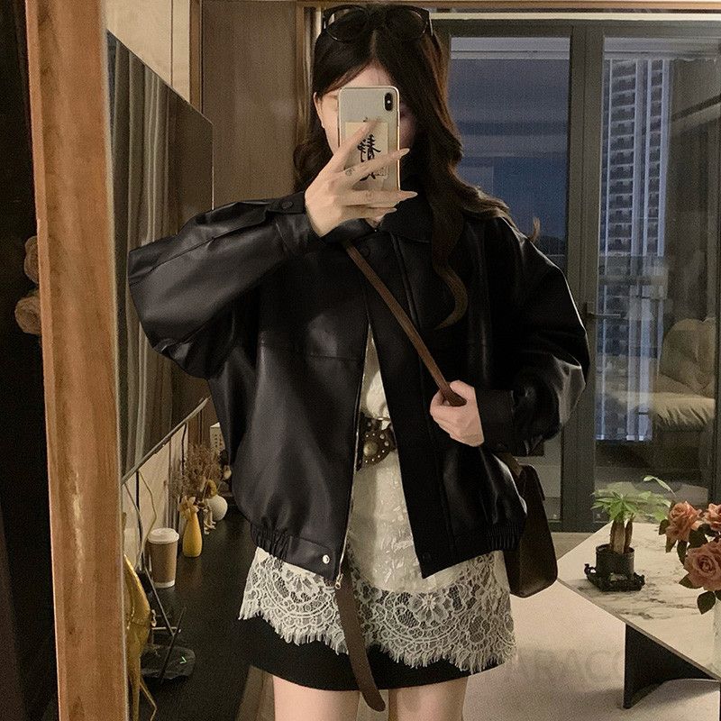 여성 빅사이즈 오버핏 카라 레더 크롭 자켓 점퍼 캐주얼 아우터 간절기 데이트룩 캠퍼스룩 봄 가을 - 상세 이미지 2