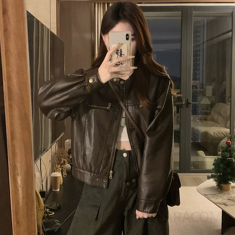 여성 레더 자켓 크롭 라이더 점퍼 간절기 아우터 인조가죽 항공점퍼 데일리 시크룩 루즈핏 봄 가을 코디 - 상세 이미지 4