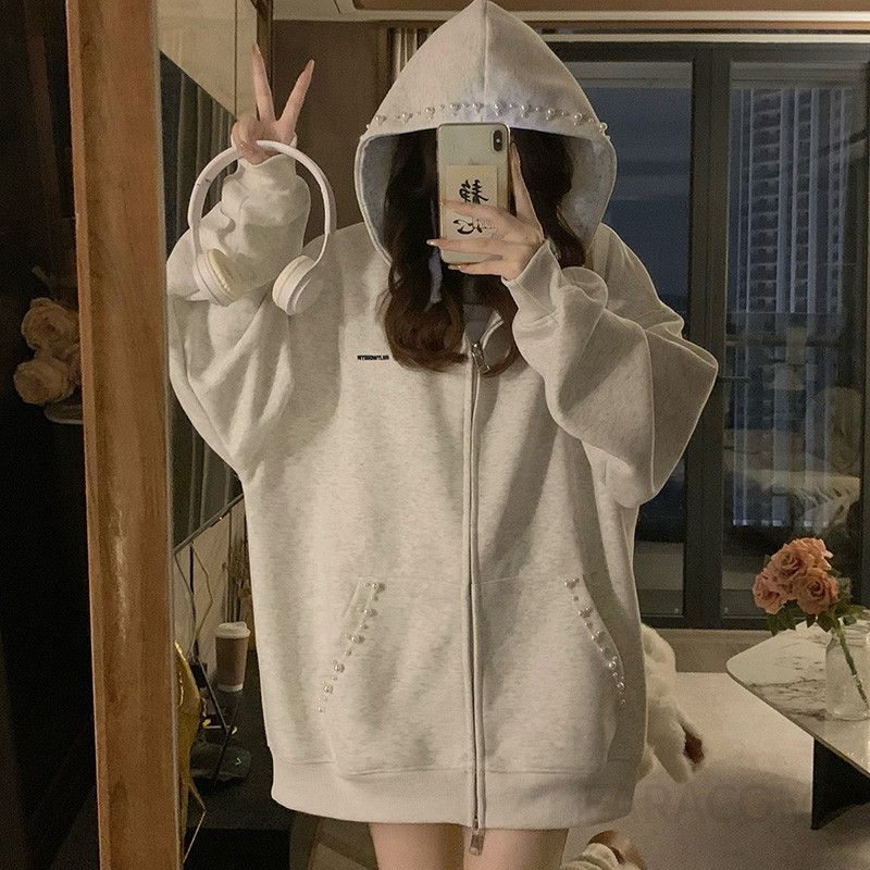 여성 빅사이즈 루즈핏 오버핏 진주장식 후드집업 집업 자켓 점퍼 재킷 후드티셔츠 봄 가을 - 메인 이미지