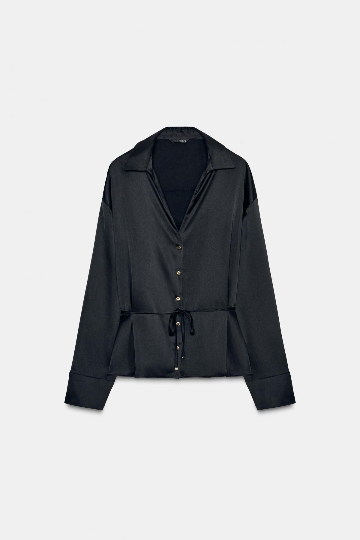 자라 새틴 벨티드 브이넥 블라우스 8741/245 BLACK - 메인 이미지