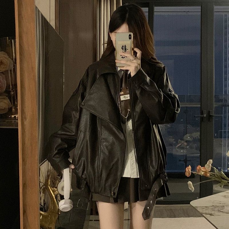 여성 빅사이즈 루즈핏 오버핏 레더 자켓 간절기 가을 데일리 인조가죽 아우터 코디 점퍼 봄 가을 - 상세 이미지 4
