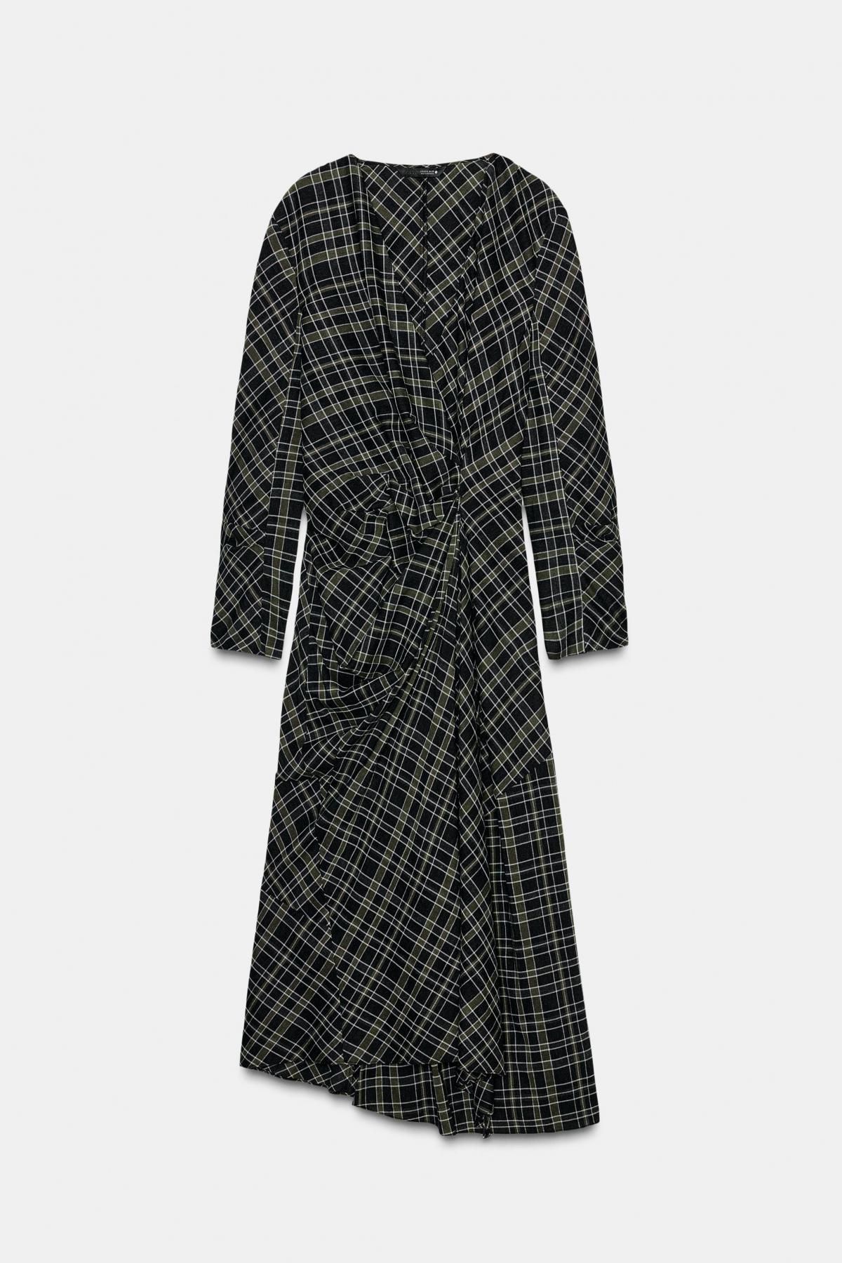 자라 체크 드레이프 브이넥 긴팔 미디 원피스 9235/890 KHAKI - 메인 이미지