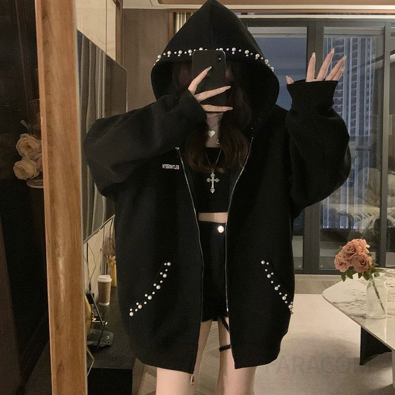 여성 진주 비즈 자수 후드집업 아우터 루즈핏 박시핏 오버핏 맨투맨 점퍼 캠퍼스룩 스쿨룩 스트릿 캐주얼 가을 - 메인 이미지