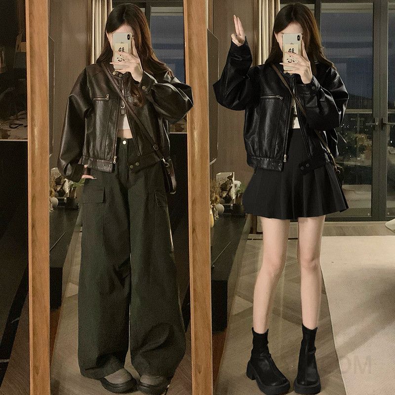 여성 아메리칸 워싱 레더 자켓 빅사이즈 숏 카라 가죽 항공 점퍼 블루종 루즈핏 데일리 봄 가을 - 메인 이미지