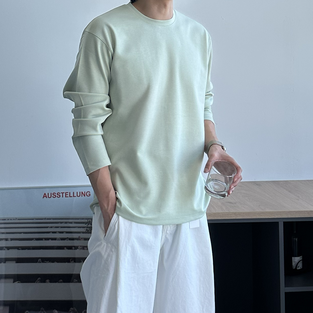 남자 긴팔티 오버핏 레이어드 이너 흰색 분또 무지 티셔츠 - 상세 이미지 5