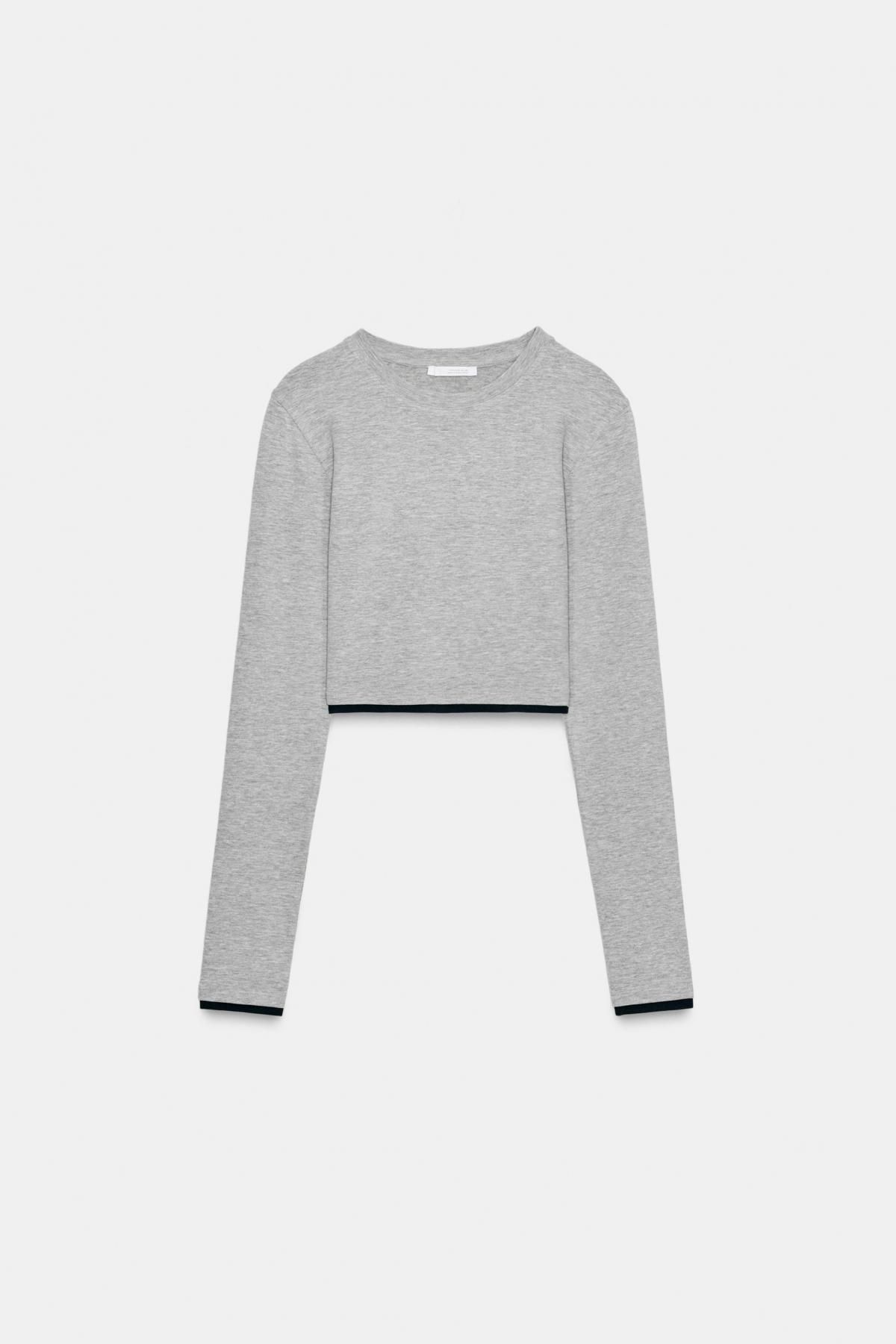 자라 테크니컬 슬림핏 크롭 라운드넥 긴팔 티셔츠 3641/887 GREY MARL - 메인 이미지