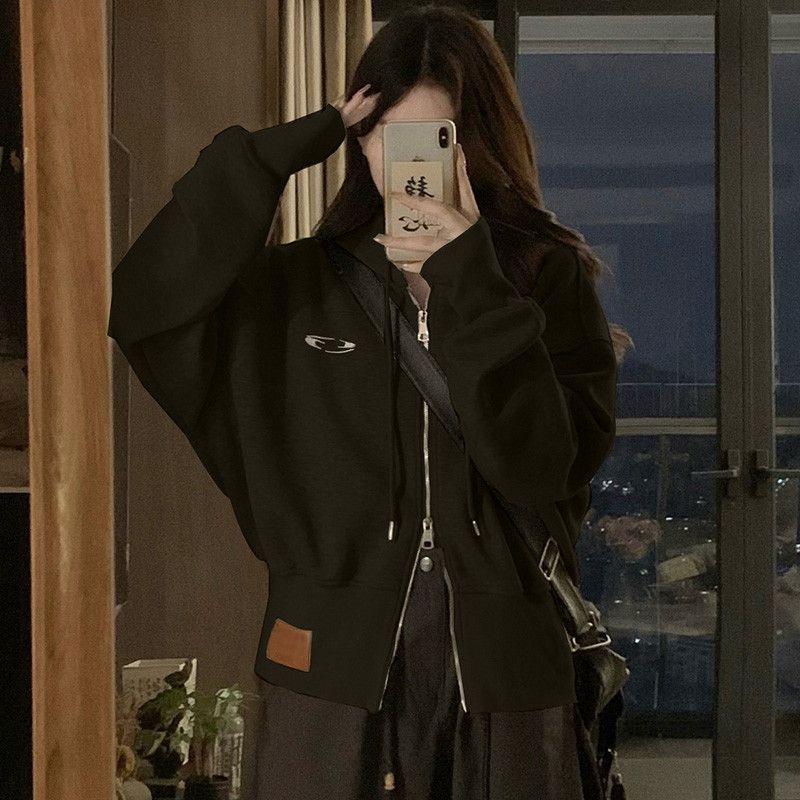 여성 오버핏 후드 스웨트셔츠 가을용 복고풍 캐주얼 재킷 경량 착용감 좋은 후드집업 커플룩 스타일 데일리 아우터 - 상품 이미지