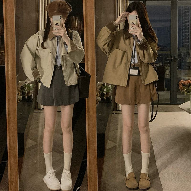 여성 코듀로이 배색 카라 아웃포켓 크롭 아카데미 간절기 데일리 루즈핏 숏 자켓 점퍼 봄 가을 - 상품 이미지