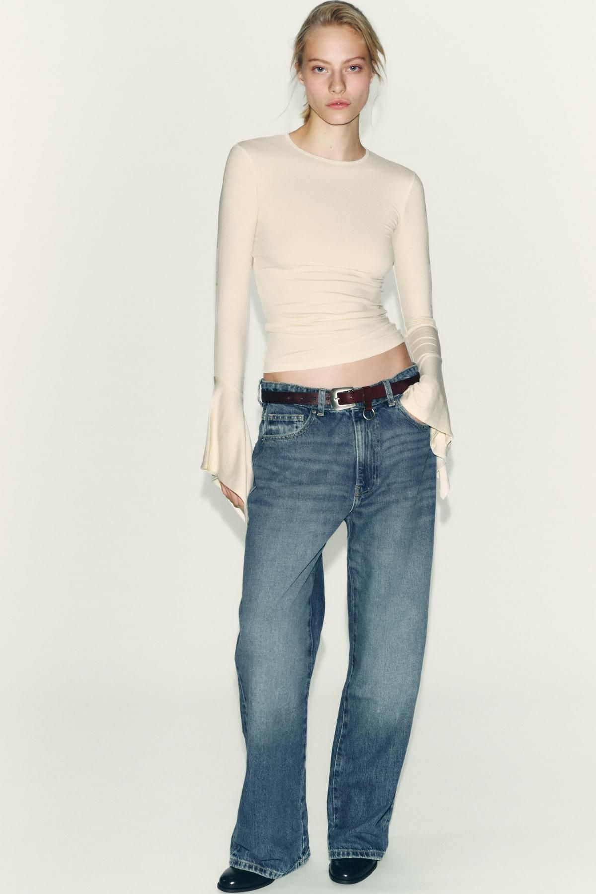 자라 러플 슬리브 슬림핏 라운드넥 긴팔 티셔츠 2335/642 OYSTER-WHITE - 상세 이미지 2