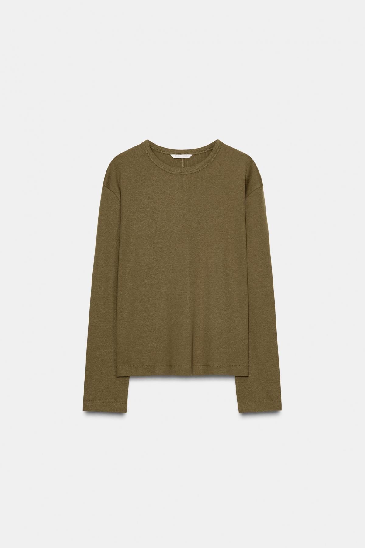 자라 리브드 베이직 라운드넥 긴팔 티셔츠 6912/630 OLIVE GREEN - 메인 이미지
