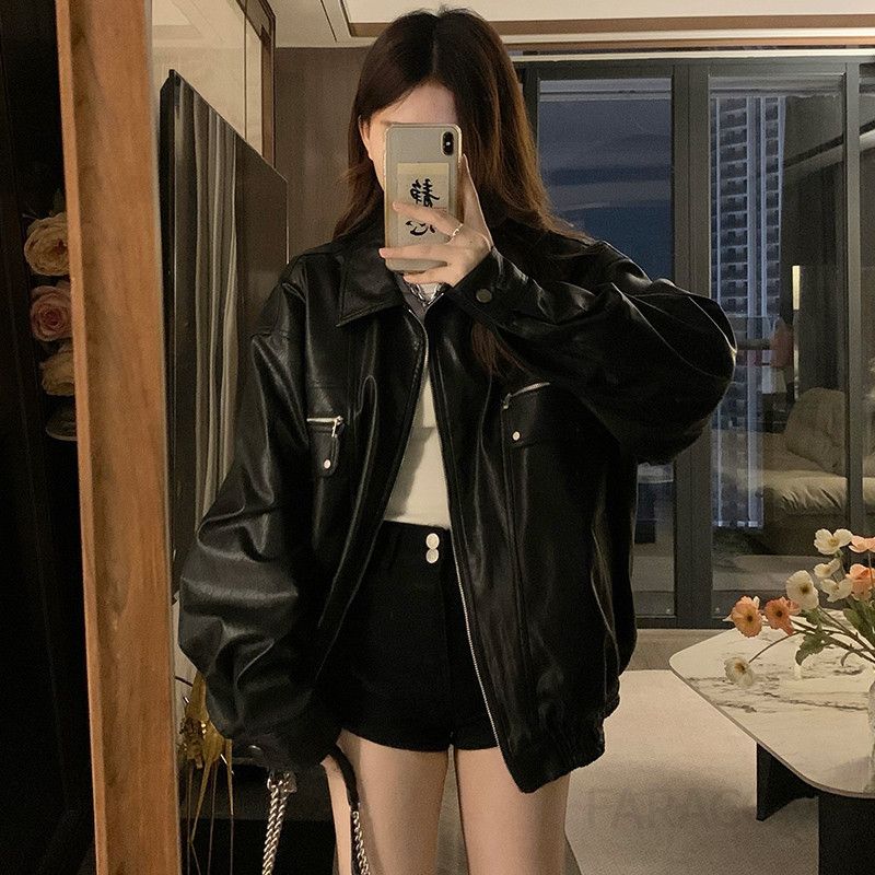 여성 빅사이즈 홍콩 레트로 시크 오버핏 레더 자켓 루즈핏 인조가죽 간절기 힙한 데일리 아우터 점퍼 봄 가을 - 메인 이미지