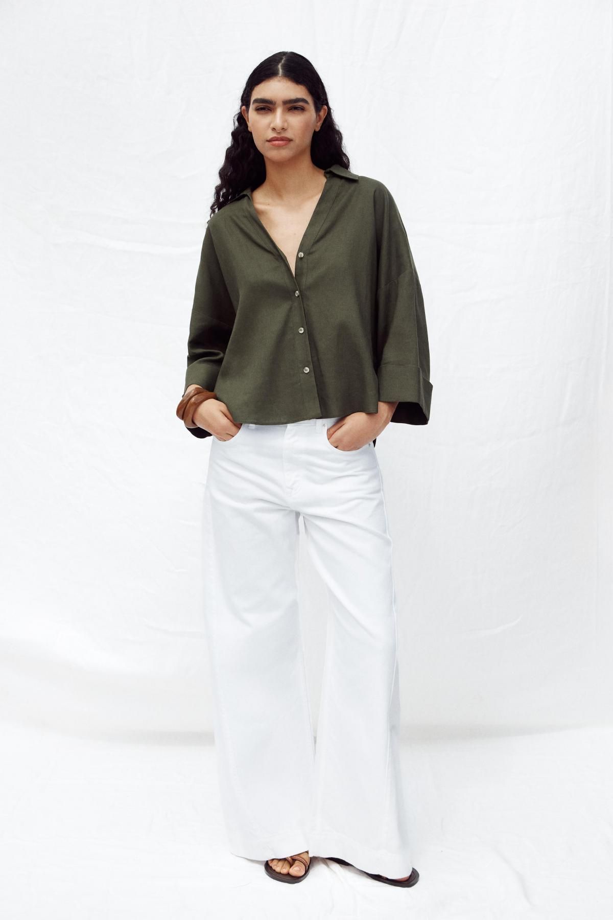 자라 린넨 블렌드 와이드 소매 셔츠 3457/734 DARK KHAKI - 상세 이미지 2