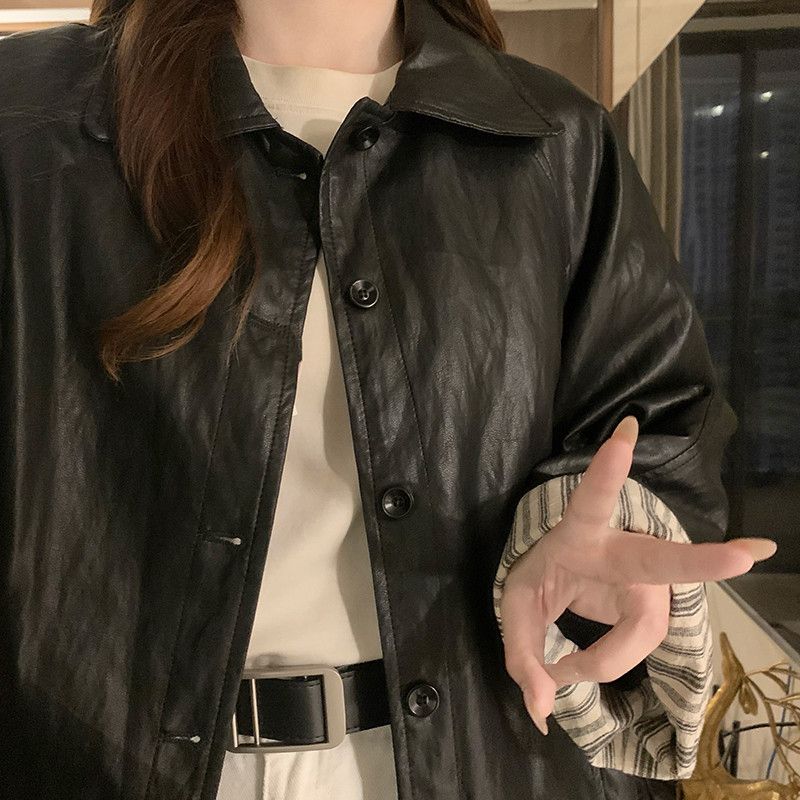 여성 오버핏 루즈핏 레더 자켓 크롭 카라 가죽 점퍼 아우터 간절기 데일리룩 시크 모던 가을 겨울 - 상세 이미지 4