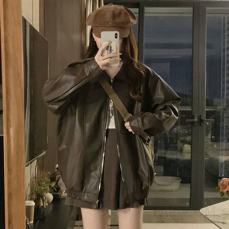 여성 오버핏 레더 자켓 간절기 인조가죽 점퍼 보이프렌드핏 루즈핏 캐주얼 데일리 아우터 항공 하프 코트 가을 겨울 - 상세 이미지 2