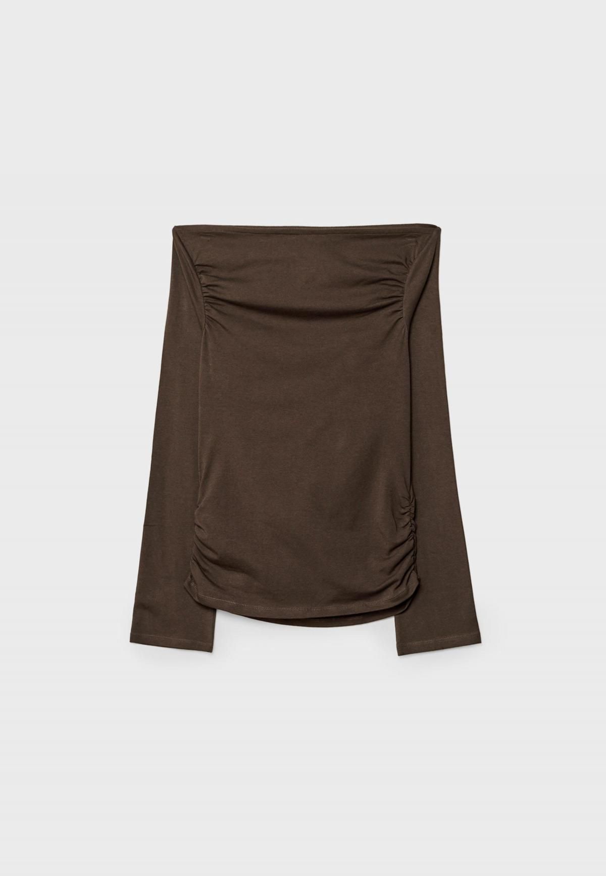 스트라디바리우스 슬림핏 보트넥 셔링 긴팔 티셔츠 8113/600 BROWN - 상품 이미지
