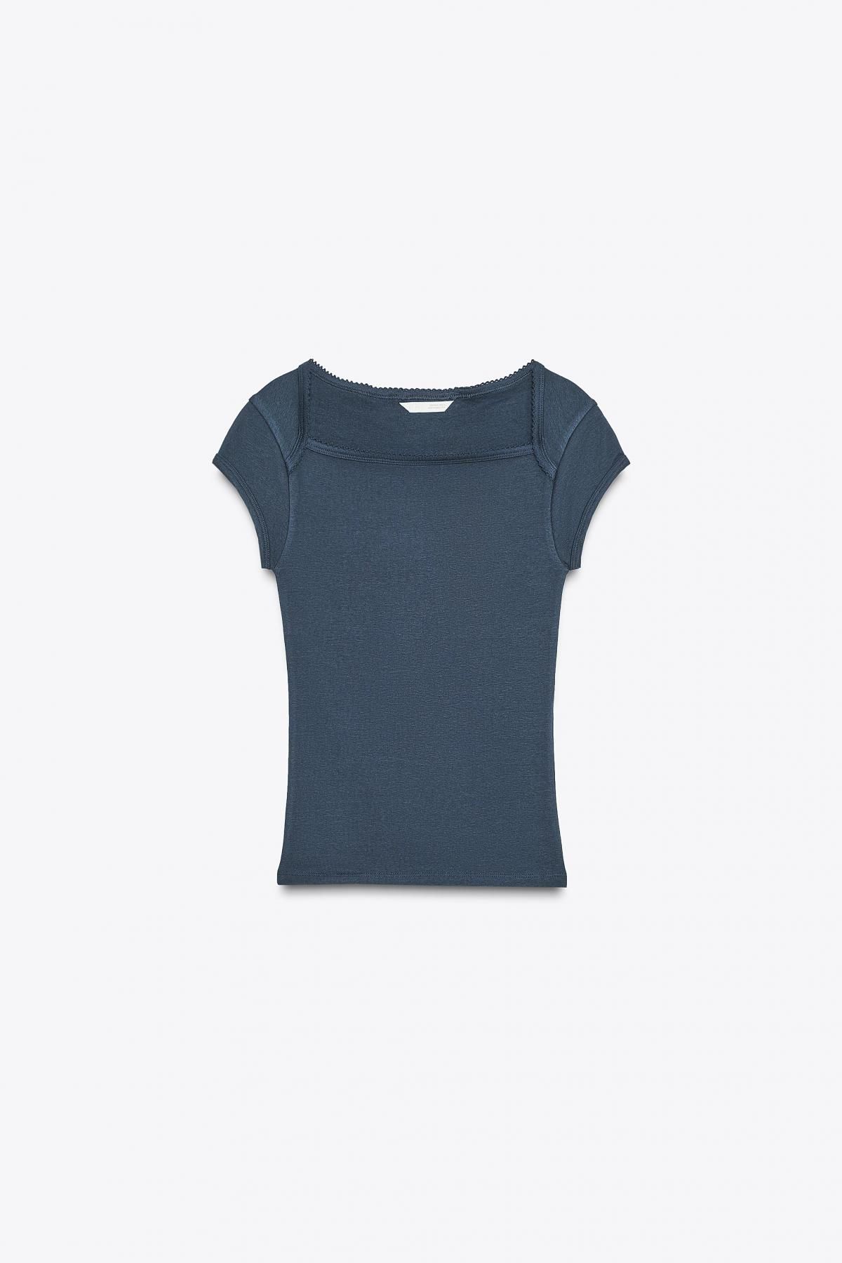 자라 슬림핏 스퀘어넥 코튼 모달 반팔 티셔츠 3641/802 NAVY BLUE - 상품 이미지