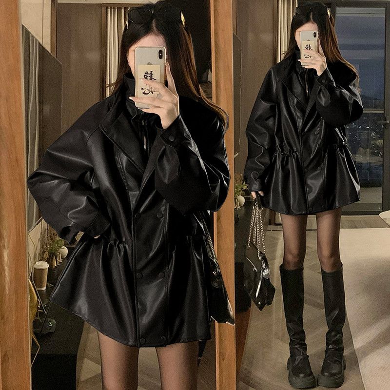 여성 빅사이즈 루즈핏 오버핏 하이넥카라 드로우스트링 허리스트링 레더자켓 인조가죽 점퍼 아우터 중장기장 시크 데일리 간절기 봄 가을 프레피 캐주얼 힙한 패션 외투 코트 - 상세 이미지 2