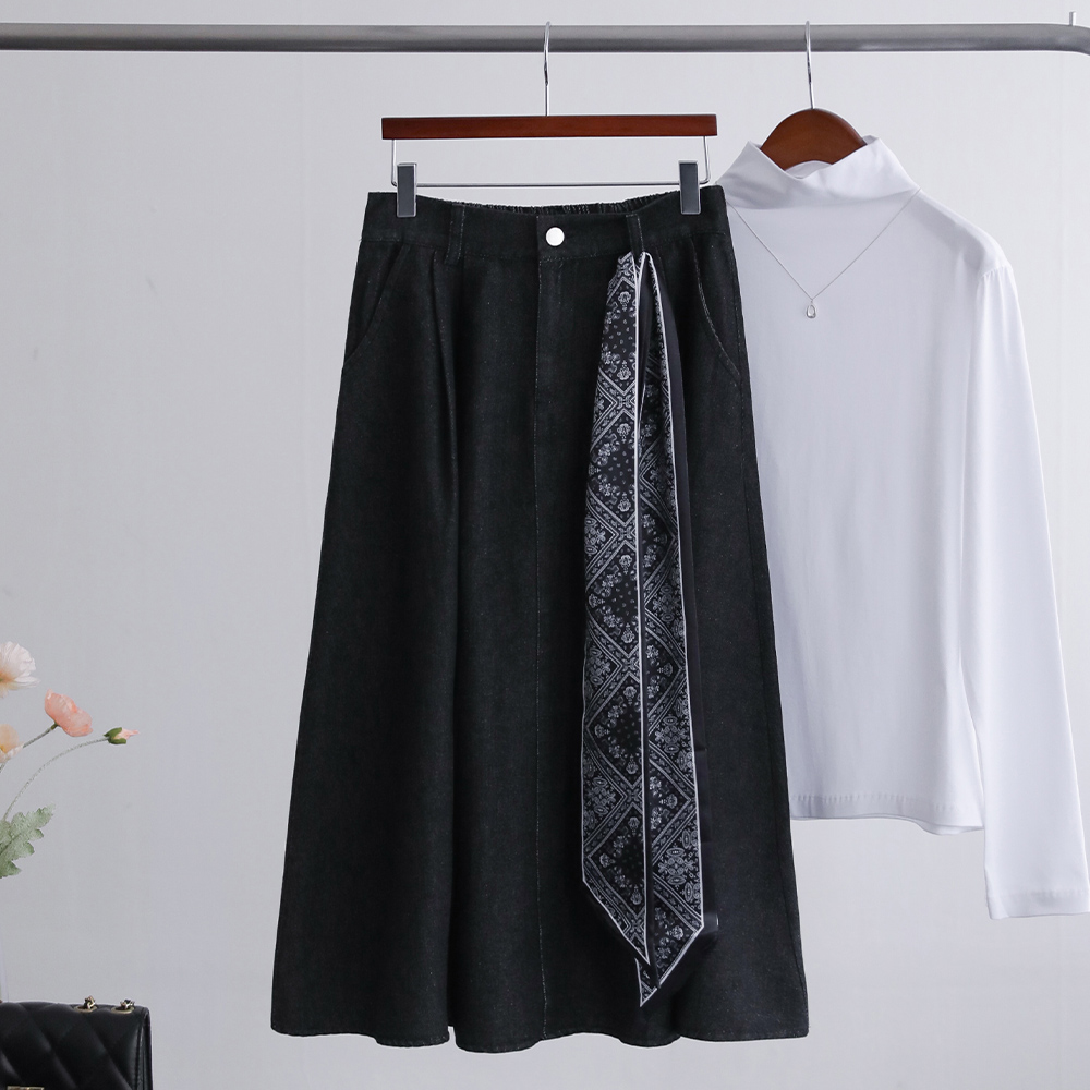 SET 엘노아 스카프 세트 A라인 핀턱 데님 롱 스커트 - 상세 이미지 4