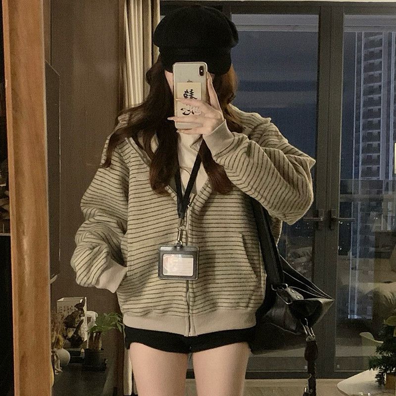 여성 빅사이즈 오버핏 루즈핏 스트라이프 단가라 후드집업 캐주얼 집업 자켓 점퍼 데일리룩 봄 가을 - 상세 이미지 2