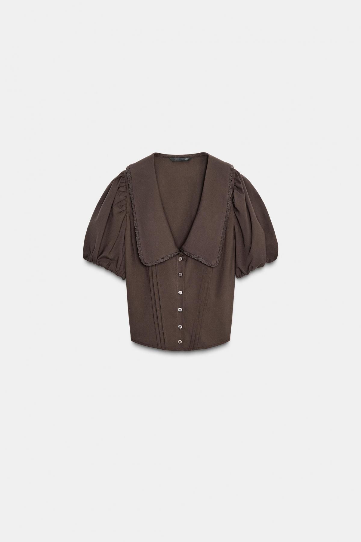 자라 로맨틱 퍼프 소매 피터팬 카라 블라우스 4661/101 BROWN - 메인 이미지