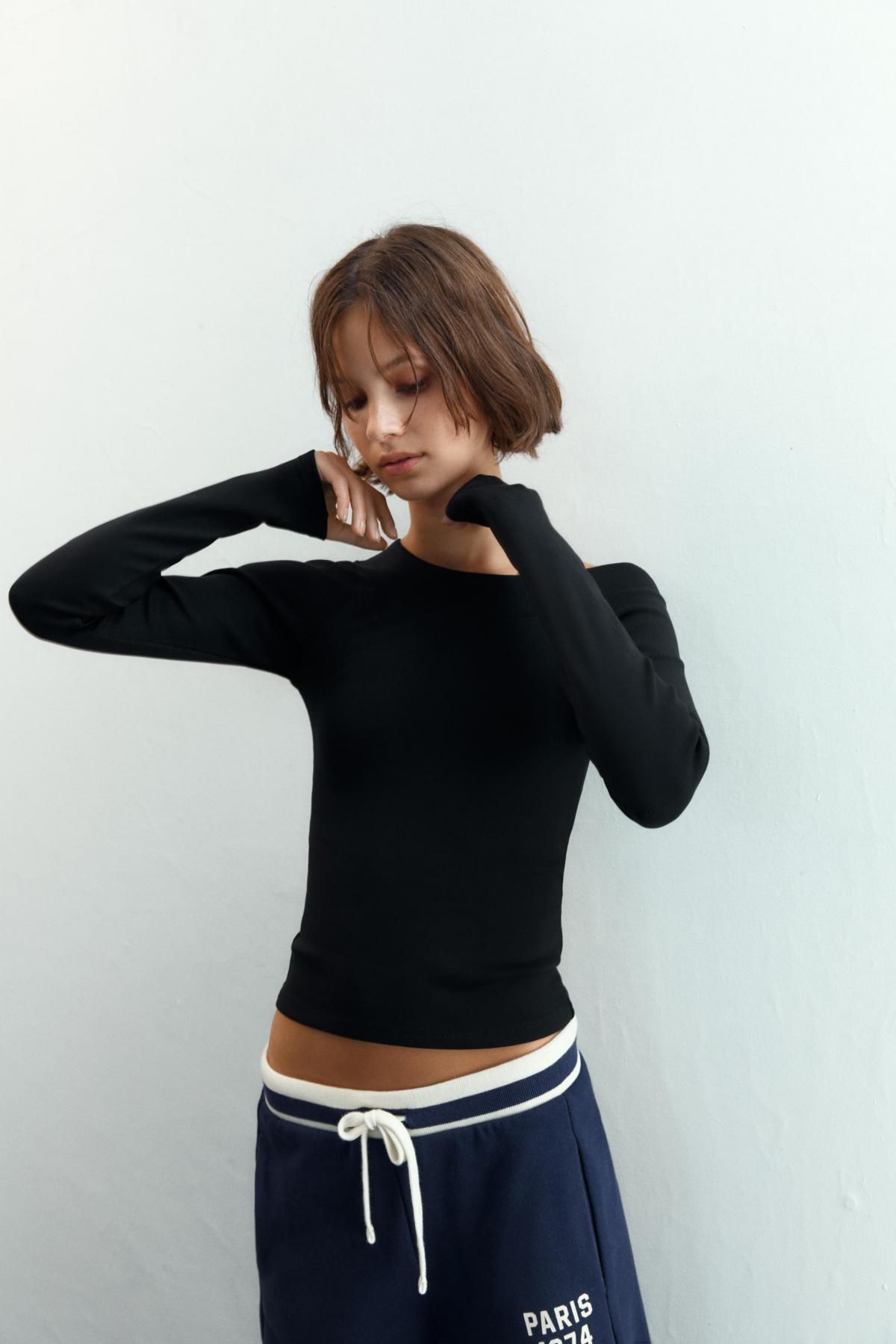 자라 슬림핏 보트넥 골지 블랙 긴팔 티셔츠 3253/842 BLACK - 상세 이미지 4