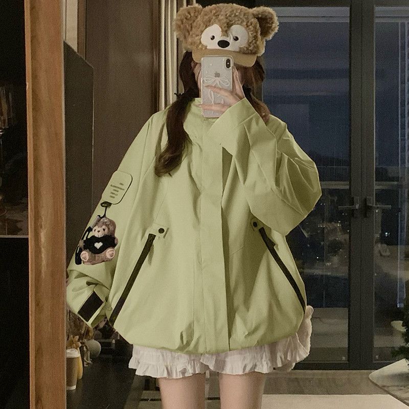 여성 빅사이즈 곰돌이 인형 오버핏 바람막이 간절기 루즈핏 데일리 캠핑 나들이 캐주얼 점퍼 아우터 자켓 봄 가을 - 상세 이미지 3
