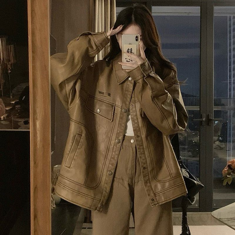 여성 빅사이즈 오버핏 레더 가죽 자켓 빈티지 카라 점퍼 루즈핏 포켓 봄 가을 겨울 데일리룩 - 상세 이미지 2