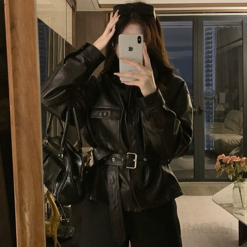 여성 빅사이즈 시크 루즈핏 레더 가죽자켓 허리벨트 카라넥 포켓 데일리룩 트렌디 아우터 봄 가을 간절기 - 메인 이미지
