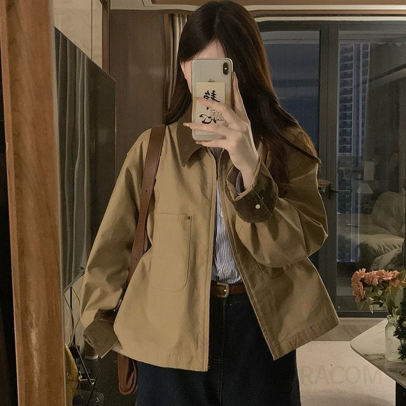 여성 코듀로이 배색 카라 아웃포켓 크롭 아카데미 간절기 데일리 루즈핏 숏 자켓 점퍼 봄 가을 - 상세 이미지 2
