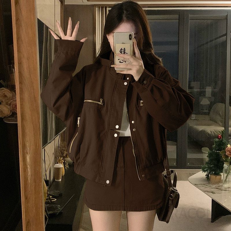 여성 빅사이즈 오버핏 루즈핏 크롭 숏 워크웨어 자켓 점퍼 사파리 아우터 캐주얼 봄 가을 - 상세 이미지 3