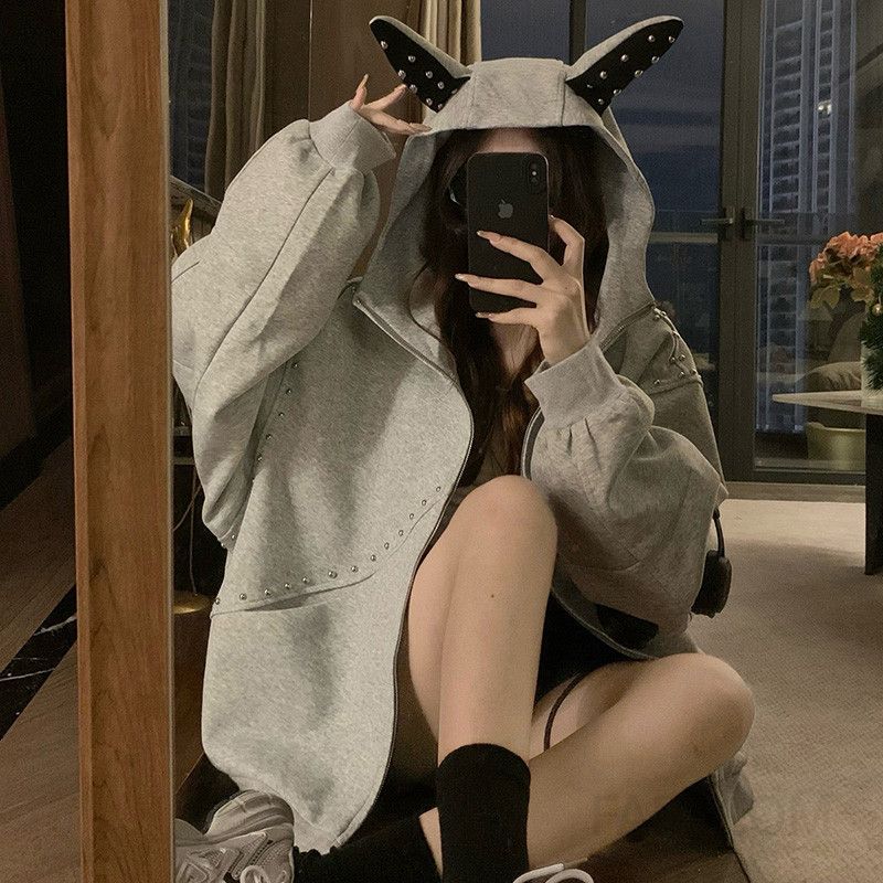 여성 빅사이즈 오버핏 후드집업 맨투맨 캐릭터 귀여운 데일리 루즈핏 스트릿 볼륨소매 봄 가을 - 상세 이미지 2