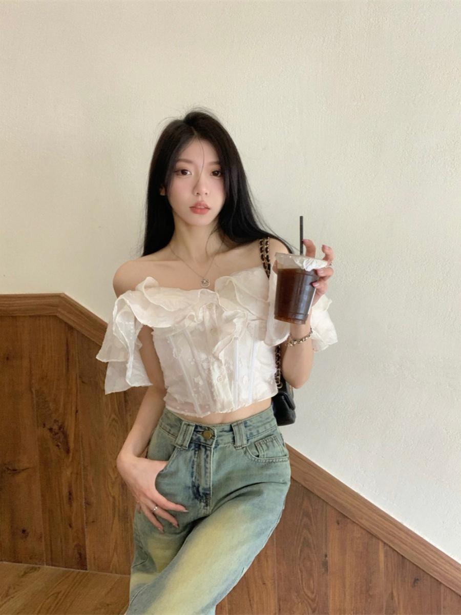 셔츠 오프숄더블라우스 숄더 밴딩 스퀘어넥 스트라이프 벌룬 브이넥 반팔 블라우스 흰색블라우스 사진 색상 S 49.5kg 미만 - 상세 이미지 4