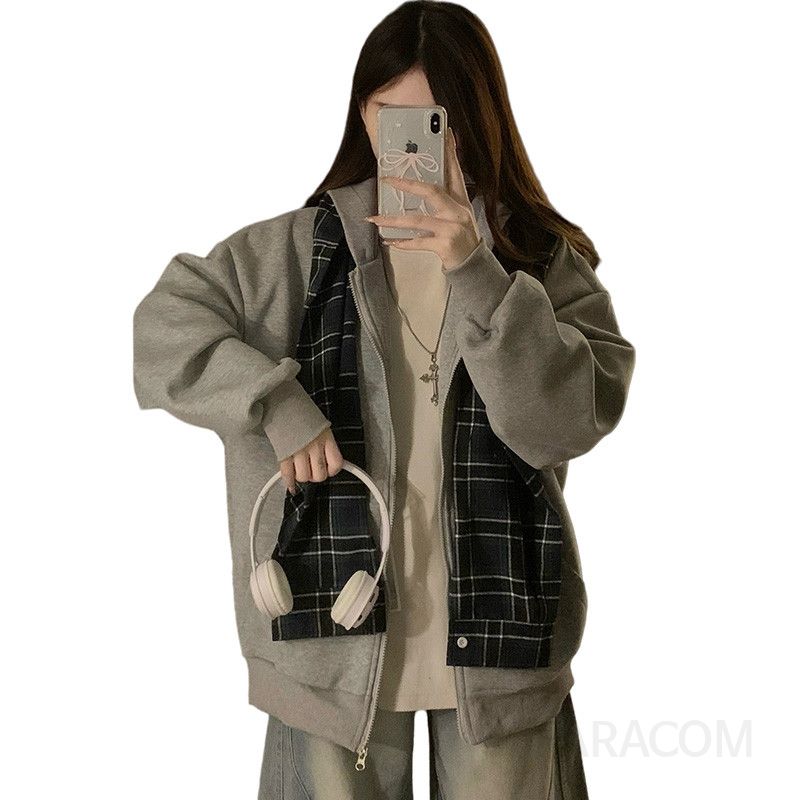 여성 빅사이즈 루즈핏 오버핏 투웨이 후드집업 체크 배색 카라 데일리 캠퍼스룩 점퍼 자켓 봄 가을 - 상세 이미지 5