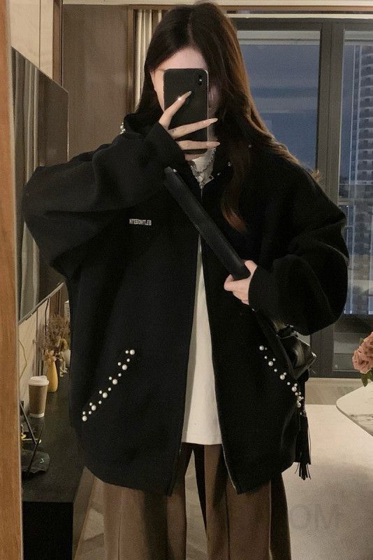 여성 진주 비즈 자수 후드집업 아우터 루즈핏 박시핏 오버핏 맨투맨 점퍼 캠퍼스룩 스쿨룩 스트릿 캐주얼 가을 - 상세 이미지 3