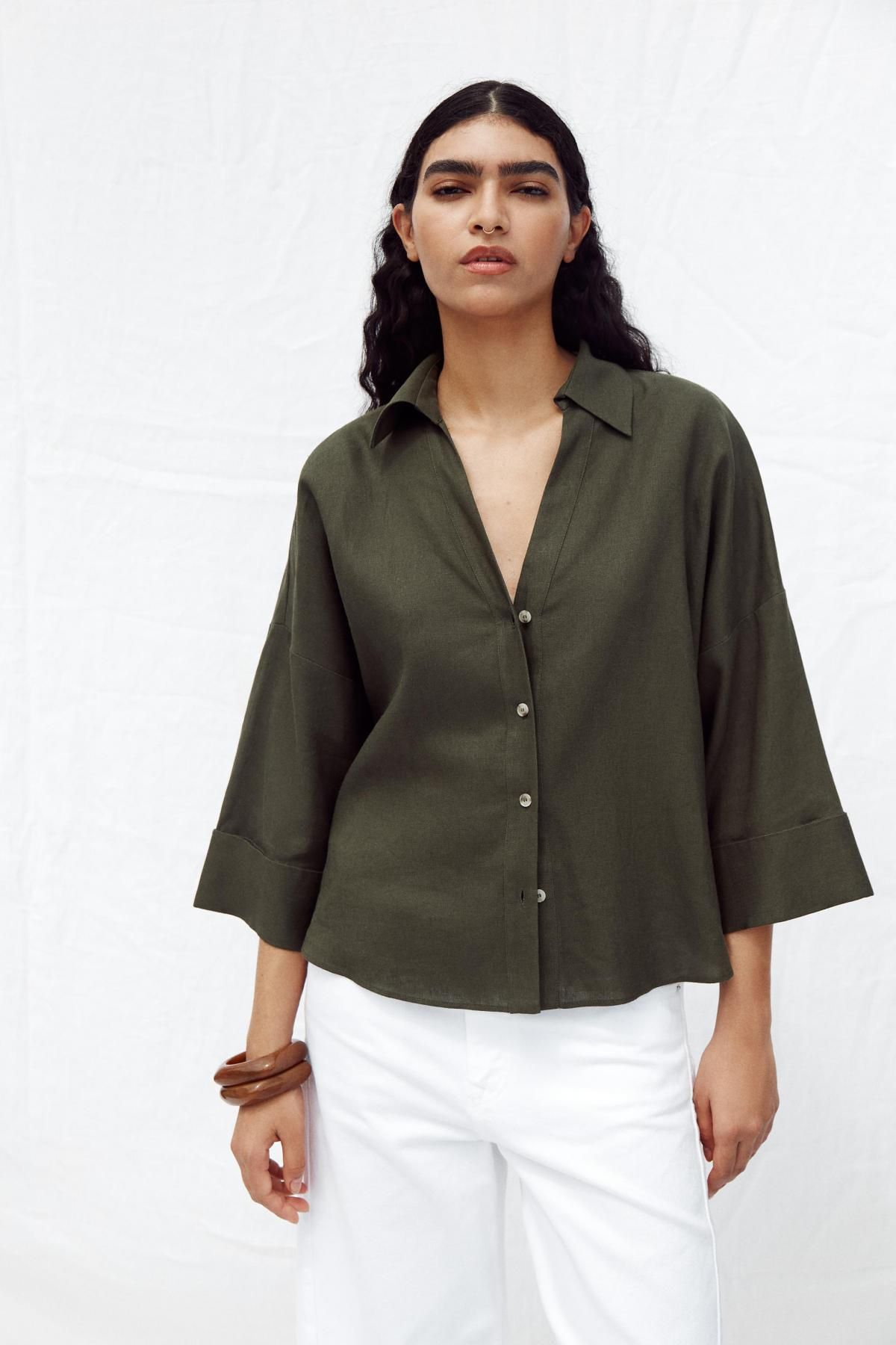 자라 린넨 블렌드 와이드 소매 셔츠 3457/734 DARK KHAKI - 상세 이미지 3