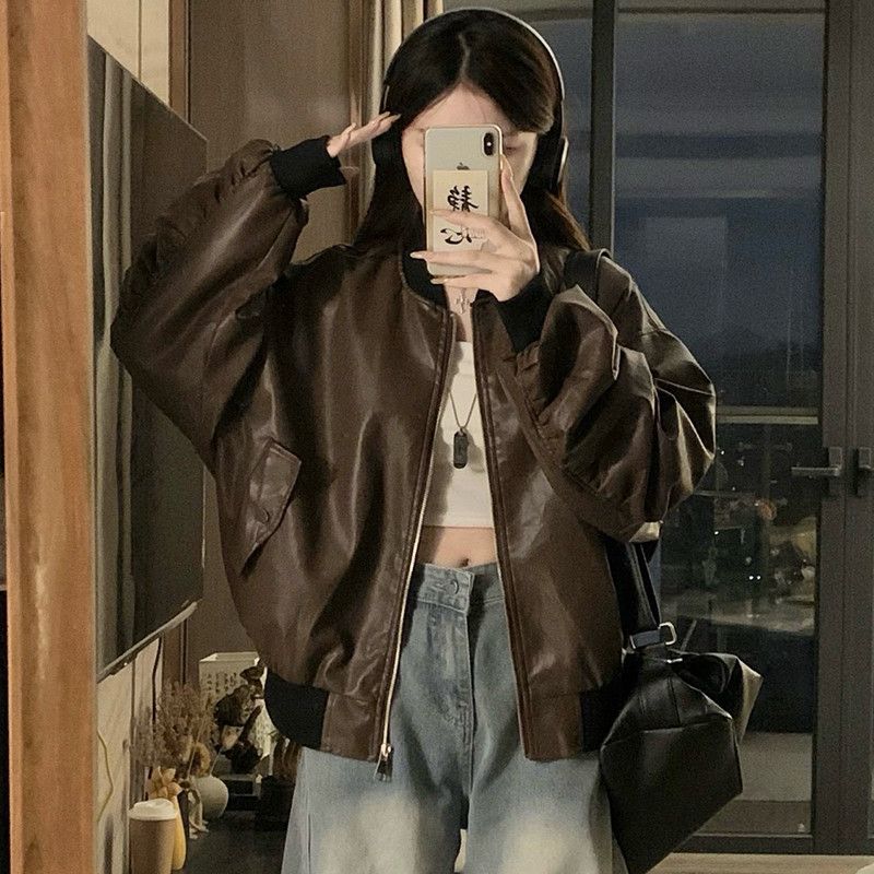 가을 겨울 남녀공용 탈부착 후드 가죽자켓 PU소재 와이드 실루엣 라이더 스타일 캐주얼 가죽 점퍼 빈티지 무드 데일리 아우터 - 상세 이미지 4