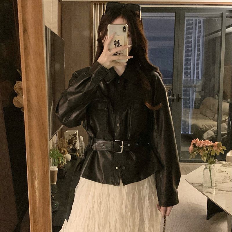 여성 빅사이즈 카라 벨트 레더 셔츠 자켓 포켓 간절기 아우터 루즈핏 데일리 시크 캐주얼 캠퍼스룩 숏점퍼 봄 가을 - 상세 이미지 5