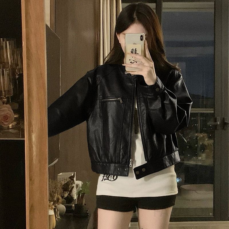 여성 아메리칸 워싱 레더 자켓 빅사이즈 숏 카라 가죽 항공 점퍼 블루종 루즈핏 데일리 봄 가을 - 상세 이미지 4