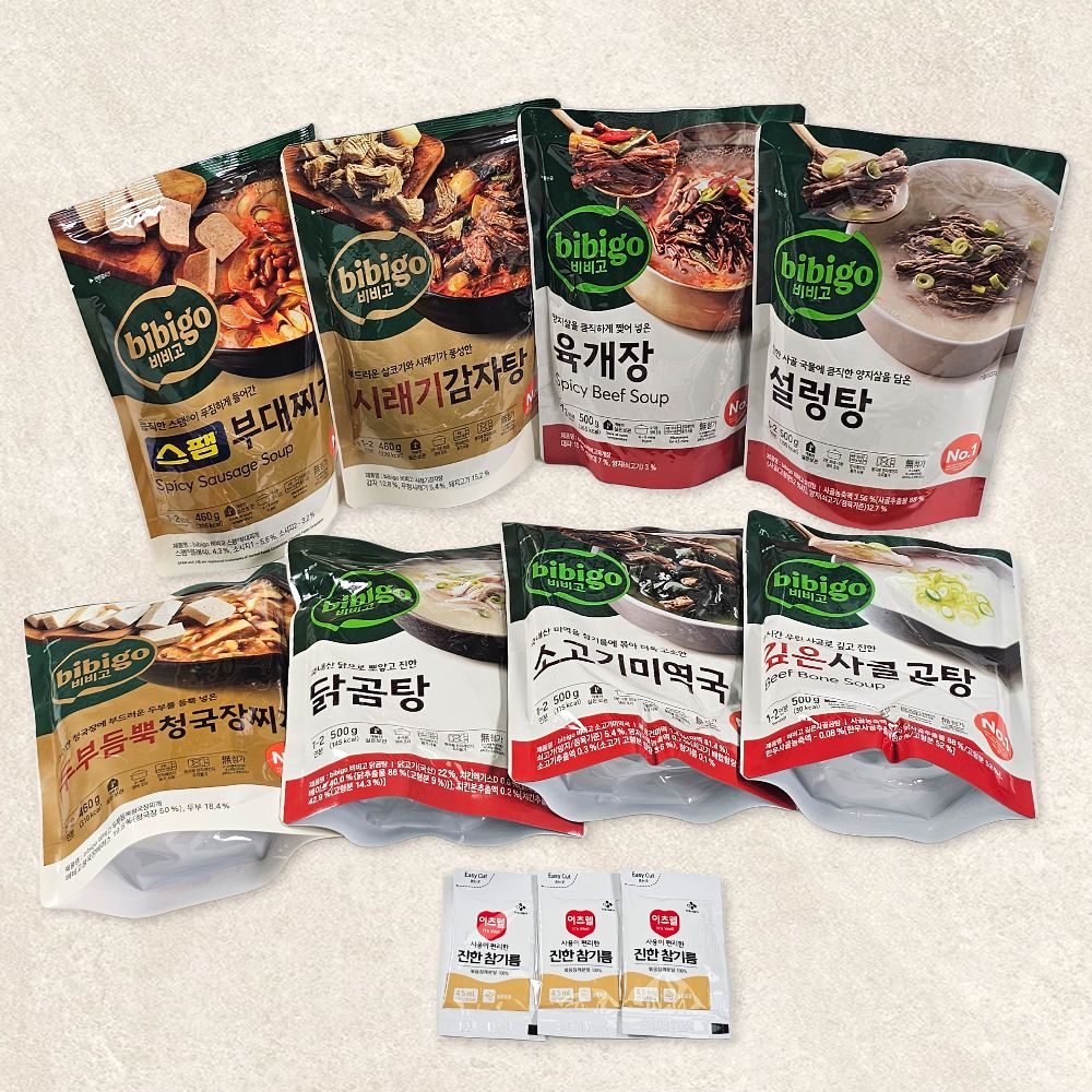 비비고8개세트(스팸부대찌개 감자탕 육개장 설렁탕 닭곰탕 소고기미역국 청국장 사골곰탕) - 상품 이미지