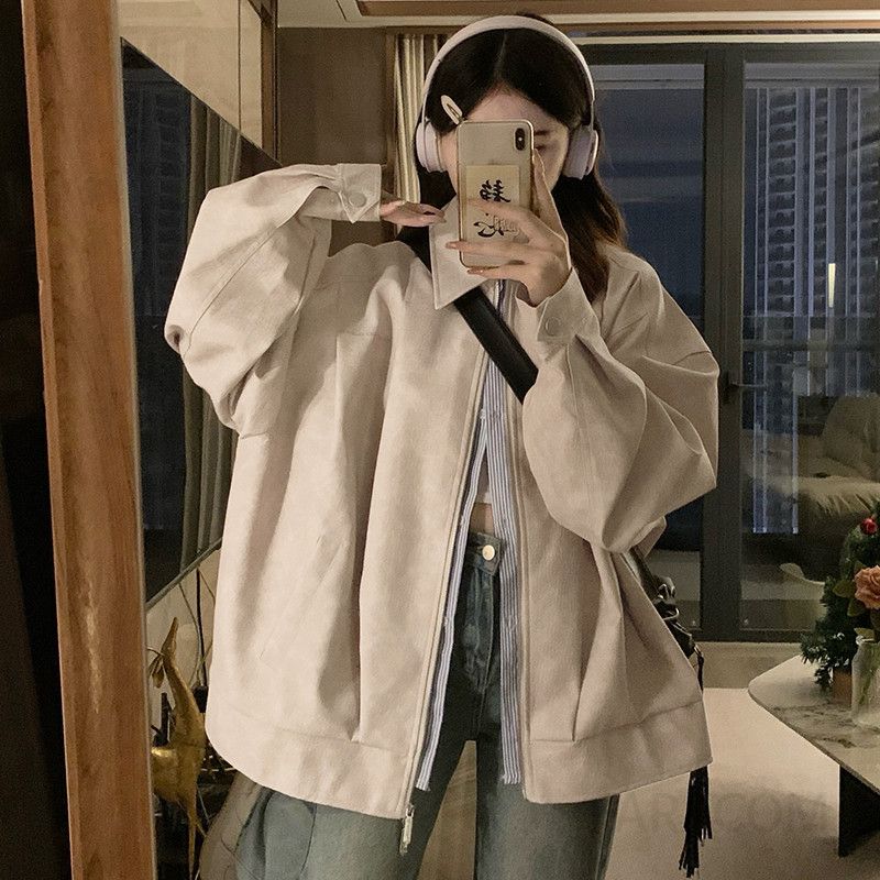 여성 오버핏 루즈핏 박시핏 카라넥 빅사이즈 지퍼 점퍼 자켓 데일리 캐주얼 스트릿 간절기 아우터 봄 가을 코디 - 상세 이미지 3