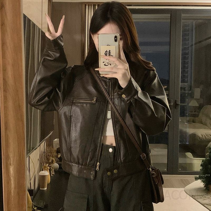 여성 레더 자켓 크롭 라이더 점퍼 간절기 아우터 인조가죽 항공점퍼 데일리 시크룩 루즈핏 봄 가을 코디 - 상세 이미지 5