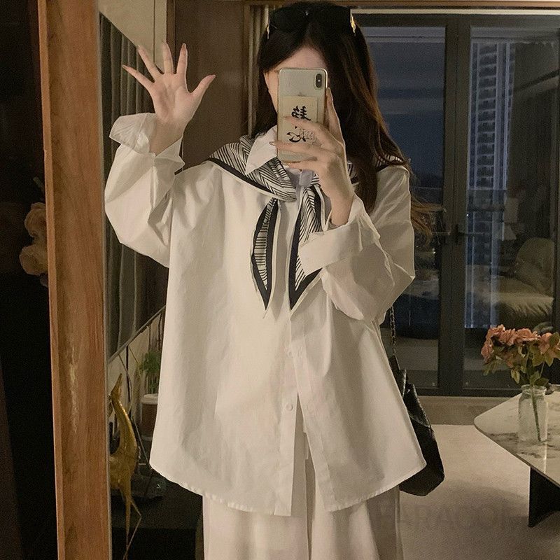 여성 빅사이즈 세일러카라 스카프넥 스트라이프 패턴 오버핏 긴팔 블라우스 셔츠 루즈핏 데일리 오피스 봄 가을 - 상세 이미지 3