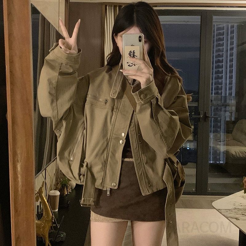 여성 빅사이즈 루즈핏 스탠드넥 벨티드 워싱 자켓 점퍼 아우터 힙한 밀리터리 빈티지 데일리 간절기 봄 가을 - 상세 이미지 2