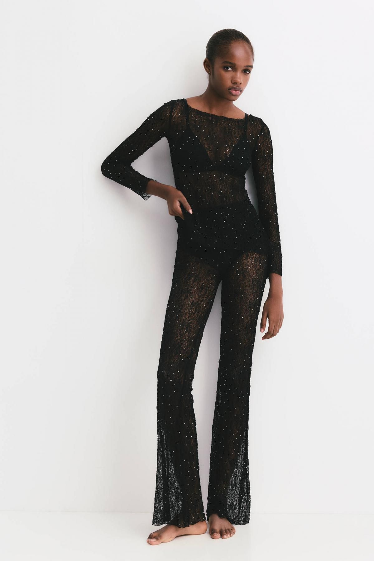 풀앤베어 글리터 라인스톤 레이스 플레어 팬츠 7674/346 BLACK - 상세 이미지 3
