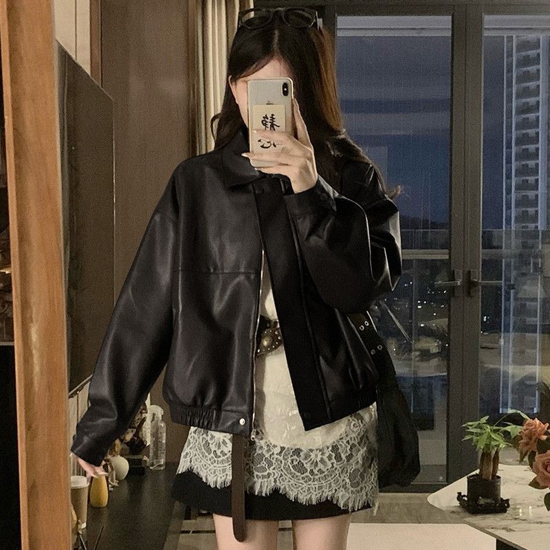 여성 빅사이즈 오버핏 카라 레더 크롭 자켓 점퍼 캐주얼 아우터 간절기 데이트룩 캠퍼스룩 봄 가을 - 메인 이미지