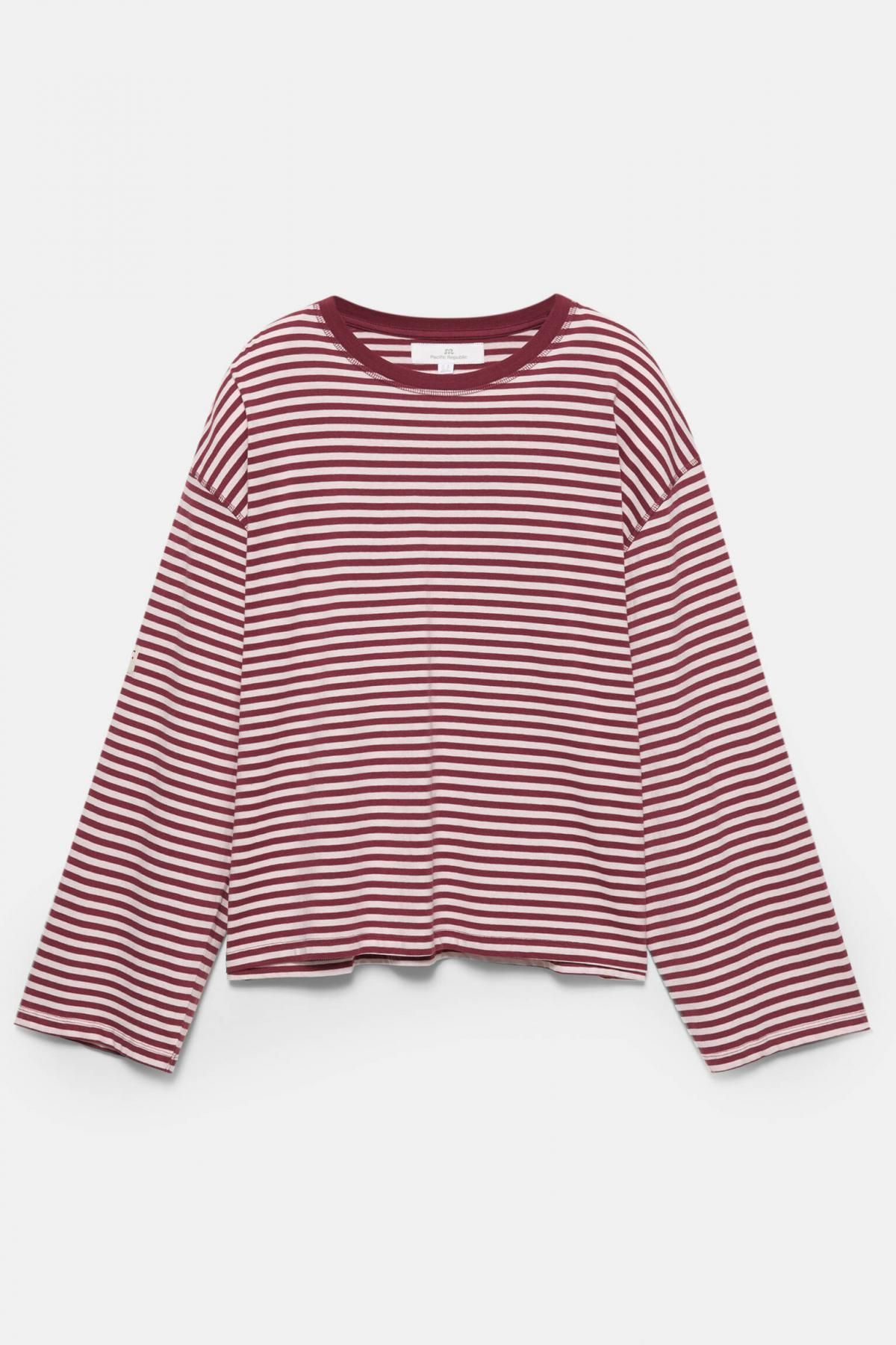 풀앤베어 오버사이즈 스트라이프 자수 긴팔 티셔츠 7153/304 BURGUNDY - 상품 이미지