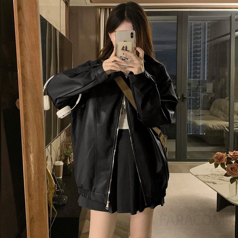 여성 오버핏 루즈핏 인조가죽 레더 자켓 점퍼 블루종 항공점퍼 아우터 간절기 데일리 캐주얼 스트릿 시크 패션 봄 가을 - 상세 이미지 3