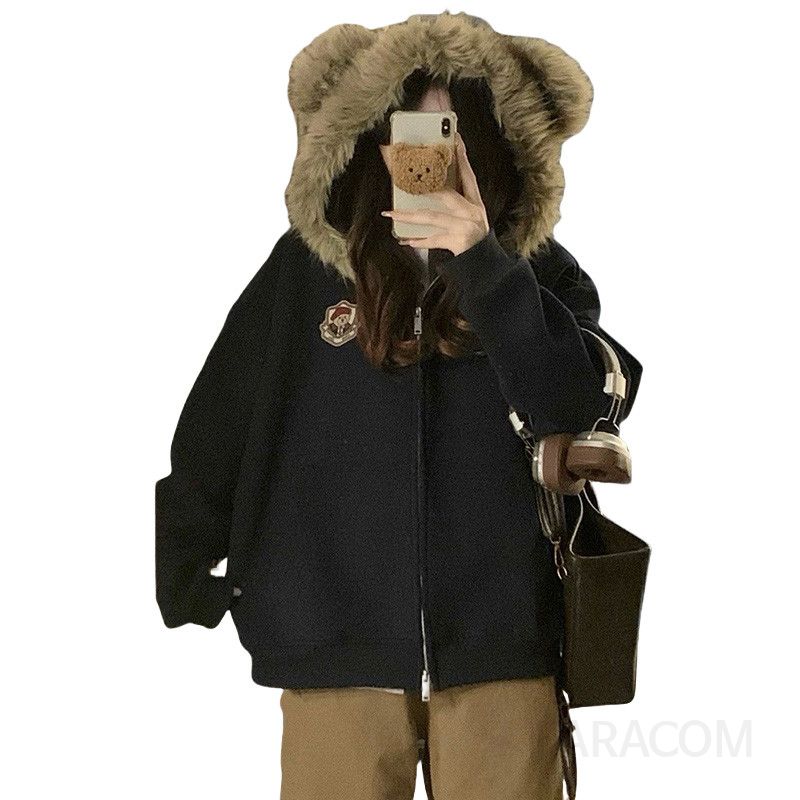 여성 빅사이즈 오버핏 후리스 후드 자켓 점퍼 스쿨룩 캠퍼스룩 데일리 보온성 따뜻한 부드러운 아우터 가을 겨울 - 상세 이미지 5